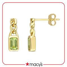 These pretty link drop earrings are crafted in 10-karat yellow gold and feature two emerald-cut, bezel-set peridot gemstones with oval links on the top. Pair these trendsetting earrings with any business or casual outfit and look elegant. Pave Wedding Rings, Solitaire Pendant Necklace, Dangle Hoop Earrings, Peridot Stone, Link Earrings, Gold Link, Halo Pendant, Flower Pendant Necklace, Peridot Gemstone