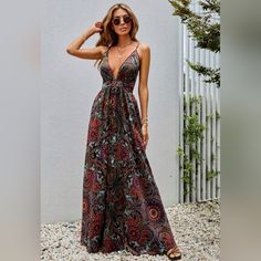 New Flowy Boho Scarf Print Maxi Dress * Plunge V Neckline * Halter Cami, * Adjustable Spaghetti Strap * Criss Cross Open Backless * Sleeveless * High Waist * Flared Hemline *Approximate Unstretched Measurements* Xs (2) *Bust 32" *Waist 26.75" *Length 57.5" Small (4) *Bust 33.5" *Waist 28.25" *Length 58" Medium (6) *Bust 35.25" *Waist 30" * Length 58.25" Large (8/10) *Bust 37.5" *Waist 32.25" * Length 59" Xl (12) *Bust 40" *Waist 34.5" * Length 59.25" *** On Order * Will Ship In Approx 7-10 Days V-neck Maxi Dress For Night Out, Bohemian V-neck Maxi Dress For Party, Bohemian Floral Print Maxi Dress For Night Out, Bohemian Floral Maxi Dress For Night Out, Multicolor V-neck Maxi Dress For Night Out, Bohemian V-neck Dress For Night Out, Fancy Maxi Dress, Emerald Green Velvet Dress, Crossback Dress