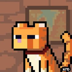 an orange cat pixelated in front of a brick wall with a mirror behind it