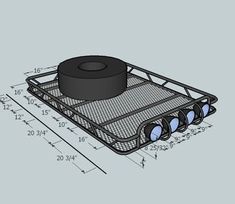 an image of a large metal container with wheels on the side and measurements for it