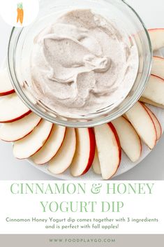 cinnamon and honey yogurt dip in a bowl with sliced apples on the side