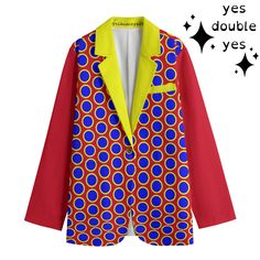 Bright primary red blue and yellow give instant nostalgic kidcore vibes and bring the big smiles wherever you go in this 100% cotton sport coat! Fastened with a nifty coconut button, this snappy sport blazer has pockets and goes beautifully with our other clowny fashions! Fantastic for professional clowing or a Halloween carnival costume! Be extra #Clowncore #Maximalist let's gooooooooooooooooooo YESDOUBLEYES alt clown punk fashions for Pride fest, rave, Burning Man, music festivals, roller derb Fun Multicolor Cotton Outerwear, Fun Multicolor Long Sleeve Outerwear, Red Cotton Long Sleeve Blazer, Multicolor Cotton Blazer For Fall, Red Long Sleeve Cotton Blazer, Playful Red Long Sleeve Outerwear, Red Cotton Blazer, Multicolor Outerwear For Fall Costume Party, Colorful Retro Long Sleeve Outerwear