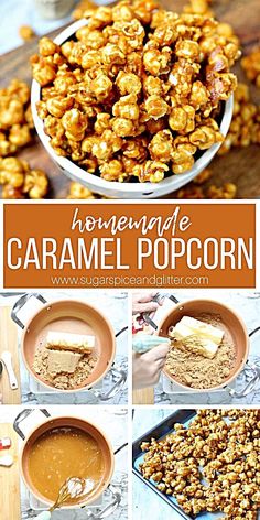 homemade caramel popcorn recipe with ingredients to make it in the microwave and ready to be eaten