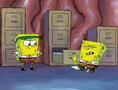 spongebob and patrick in front of filing cabinets with one pointing at the other