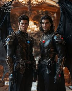 two men dressed in black costumes standing next to each other with wings on their shoulders