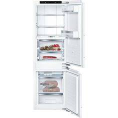 an open refrigerator freezer with its doors wide open and food in the bottom drawer