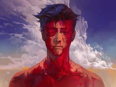 a digital painting of a man with red paint on his face and chest, staring at the camera