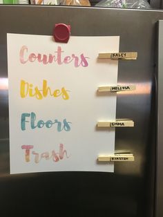 a sign that says counters dishes floors trash on the side of a refrigerator in a kitchen