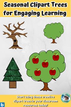 an apple tree with four different types of apples on it and the words seasonal clipart trees for engaging learning