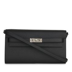 Created and designed for actress and Princess of Monaco, Grace Kelly, the bag received its claim to fame when the Princess was supposedly using her bag to shield her baby bump from the paparazzi. Available in wallet on strap version, the Kelly Classique To Go Wallet possesses all of the luxury and charm of the bag, but in smaller, to-go form. SPL Exterior Black Epsom leather Palladium Hardware Hermès logo stamp Leather fold-across tags Twist lock close Removable and non-adjustable leather thin shoulder strap Brand new condition - protection stickers remain on hardware Date Code U (2022) Interior Black leather interior Two open compartments Large middle zip pocket with protective closure 4 Card slots Brand new condition Sold with box, dustbag for shoulder strap and receipt SPL Height 11.5cm Kelly To Go Wallet, Kelly To Go, Hermes Kelly Wallet, Kelly Wallet, Luxury Black Wallet On Chain Rectangular, Luxury Designer Black Wallets, Black Luxury Wallet With Branded Hardware, Black Rectangular Wallet With Zipper Closure, Princess Of Monaco