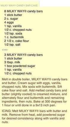 the ingredients for a candy bar recipe are shown in red and white text on yellow paper