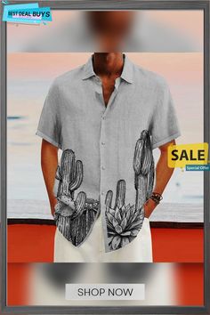 Men's Linen Shirt Summer Shirt Beach Shirt Turndown Summer Short Sleeve White Pink Blue Cactus Casual Daily Clothing Apparel Print Mens Linen Shirts Summer, Blue Cactus, Linen Shirt Men, Mens Linen, Beach Shirt, Beach Shirts, Clothing Apparel, Summer Shorts, Summer Shirts