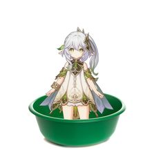 an anime figurine is sitting in a green bowl with white hair and blue eyes