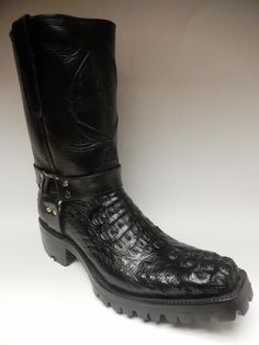 Black Snip Toe Moto Boots For Biker Events, Fitted Black Rugged Boots, Western Black Boots With Crocodile Pattern, Black Western Boots With Crocodile Pattern, European Footwear, Black Harness, Boots Fur, Crocodile Shoes, Mens Cowboy