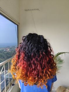 Sizzling Red Highlight Ideas for Every Hair Length Flame Dyed Hair, Curly Sunset Hair, Flame Hair Dye, Curly Hair With Orange Highlights, Fire Ombre Hair Curly, Yellow Hair Dye Ideas, Halo Hair Dye Style Curly Hair, Hair Colour For Curly Hair Indian, Dyed Curly Hair Ideas Colour