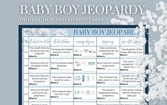 🍼 The Baby Boy Jeopardy is the perfect game for your next event - baby showers, family parties, etc! As easy as downloading the file and printing out at home or at a printing facility! (No physical item will be mailed to you.) 🚼 I was constantly stumped when I'd throw Baby showers and wanted a fun, easy, and unique game to play that wasn't cheesy. I searched and searched until I finally just decided to create by own! With a classic look and fun questions that everyone will enjoy, I'm sure your Baby Boy Shower Games, Baby Jeopardy, Jeopardy Game, Boy Baby Shower Games, Fun Questions, Perfect Game, Print Out, Family Parties, Boy Party