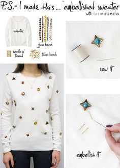 three pictures showing different types of clothing and accessories, including pins on the back of a sweater