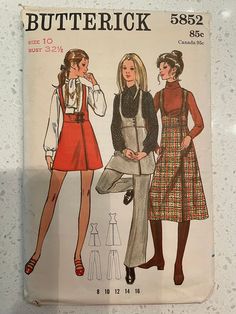 "This is a Butterick pattern for a High-waisted, A-line wrap mini or midi jumper with deep U-shaped neckline has button or frog closing and top-stitch trim. Slightly flared pants darted at waistline have back zipper closing. Purchased blouses.  Size 10 Bust 32.5\" Pattern is cut and complete  Loc VA" 1970 Fashion, Butterick Patterns Vintage, Superstar Barbie, 50's Fashion, 1970s Sewing Patterns, Paper Sewing, Sleeveless Jumper, Butterick Pattern, Sailing Outfit