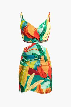 Leaf Print Cutout Mini Dress V-neck Tropical Print Multicolor Dress, Printed Sleeveless Mini Dress For Beachwear, Tropical Sleeveless Mini Dress With Print, Summer Sleeveless Mini Dress With Multicolor Print, Summer Sleeveless Mini Dress In Multicolor Print, Multicolor Print Sleeveless Mini Dress For Summer, Sleeveless Multicolor Print Mini Dress For Summer, Multicolor Printed V-neck Dress, Sleeveless Tropical Print Mini Dress For Beachwear