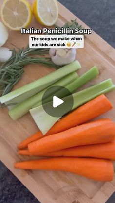 carrots and celery on a cutting board with the words italian pennici soup