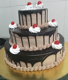 a three layer cake with chocolate frosting and cherries