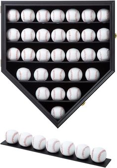 a baseball display case with twelve baseballs in it and eight on each shelf below