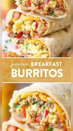 the breakfast burritos are stacked on top of each other and ready to be eaten