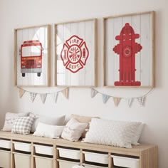 three fire hydrants are hanging on the wall above a bench with storage bins