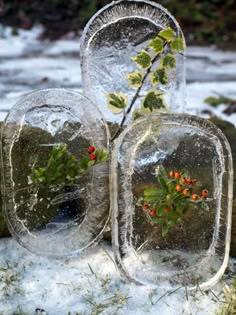 three glass vases with plants in them on snow covered ground