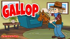 a cartoon character holding a horse in a living room with the word gallop on it