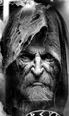 a black and white photo of an old man with a clock on it's face