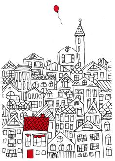 a drawing of a city with buildings and a red balloon