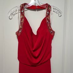 Nwot Never Worn Lightly Padded Bodice Halter Top And Open Back With Jewel And Bead Detail Size 6 Length: 45” Bust: 15” Waist: 13” Measurements Are Approximate Formal Beaded Sleeveless Gown, Formal Sleeveless Beaded Gown, Red Carpet Embellished Floor-length Gown, Floor-length Embellished Gown For Red Carpet, Red Beaded Wedding Dress, Red Embellished Sleeveless Gown, Holiday Sleeveless Embellished Gown, Holiday Embellished Sleeveless Gown, Red Bead