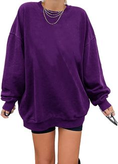 PRICES MAY VARY. Material:Cotton 90%，Spandex 10% Features:Drop Shoulder,Round Neck,Slight Stretch,Fashion and casual style,It's thick and really soft inside,True to Size, A sweatshirt that goes with everything. Occasion: Fashion Sweatshirts for women,suitable for Daily wear,sports,school,street wear,holiday and more. It's also a good gift to your friend or family. Match: Easy to pair with casual pants,jeans,shorts,sneaker,casual shoes to creating a fashion and pretty looking in spring, autumn an Oversized Plain Sweater, Oversized Long Sleeve Purple Top, Oversized Purple Long Sleeve Top, Oversized Trendy Solid Color Sweatshirt, Purple Tops With Ribbed Cuffs, School Street, Fashion Sweatshirts, Crewneck Sweatshirt Women, Oversize Sleeves