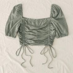 Blouse Crop Top Can Adjust The Length With The Ties, Never Worn Chic Drawstring Tops For Party, Chic Party Tops With Drawstring, Chic Party Top With Drawstring, Green Ruched Blouse For Summer, Casual Party Top With Drawstring, Blouse Crop Top, Blouse Crop, Ruched Crop Top, Short Sleeve Jumpsuit