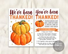 two thanksgiving cards with pumpkins and the words, we've been you're born