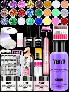 Nail Kit Set Professional Acrylic :  YEVYO acrylic nail kit for beginners with everything, comes with acrylic powder(15g), acrylic liquid monomer(1.96OZ), nail drill, mini uv nail light, 24 colors of glitter powder and sequins, colored nail rhinestones, 200pcs various size nail tips, acrylic nail brush and other nail tools. You can choose different colors, patterns and designs according to the occasion to better meet your needs for designing personalized nail art.
Acrylic Powder and Liquid Set : Nail Stuff Products, Monomer Liquid, Glitter Acrylic Powder, Acrylic Nail Supplies, Nails Kit, Acrylic Nail Powder, Acrylic Nail Brush, Nail Rhinestones, Acrylic Nail Set