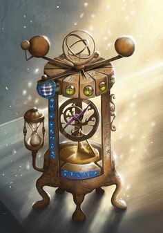 an artistic painting of a clock with eyes on it's face and hands holding a pendulum wheel