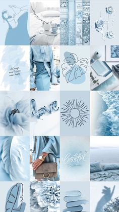 a collage of blue and white images