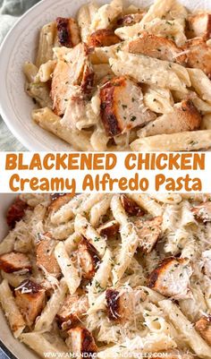 this is an image of chicken creamy alfredo pasta in a white bowl with text overlay