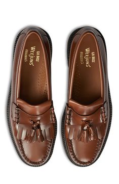 A chunky lug sole brings modern charm to a classic loafer crafted from rich leather with a hand-sewn kiltie tassel on the vamp. Leather upper, lining and sole Imported Men's Shoes Old Money Shoes Men, Mens Loafers Outfit, Brown Loafers Men, Jeans Outfit Men, Loafers Outfit, Dressy Shoes, Brown Loafers, Suit Shoes, Shoe Inspo