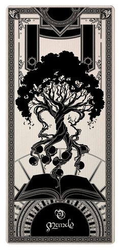 a black and white poster with an image of a tree on it's back