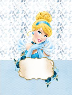 a blue and white background with a princess holding a sign