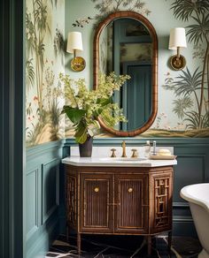 a bathroom with a sink, mirror and tub