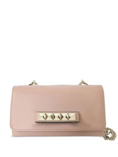 pink leather signature Rockstud embellishment logo stamp to the rear chain-link shoulder strap foldover top main compartment gold-tone hardware This piece comes complete with a protective dust bag. Condition: GOOD. This previously owned and used item is in good condition with minimal signs of use. This may include fading of material or plating and scratches. Logo Stamp, Environmental Impact, Pink Leather, Pink Bag, Valentino Garavani, From Scratch, Chain Link, Clutch Bag, Dust Bag