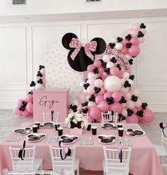 a minnie mouse themed birthday party with pink, black and white balloons