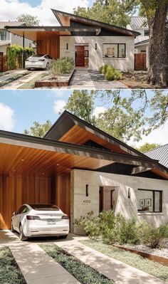 two pictures of a modern house with wood sidings and white car parked in the driveway