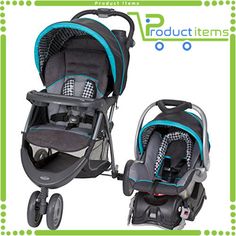 the baby stroller is blue and black