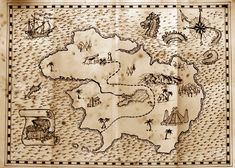 an old pirate map with ships and other things on it's parchment paper in sepia