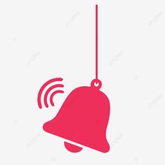 a pink bell hanging from a red cord with sound waves coming out of the bell